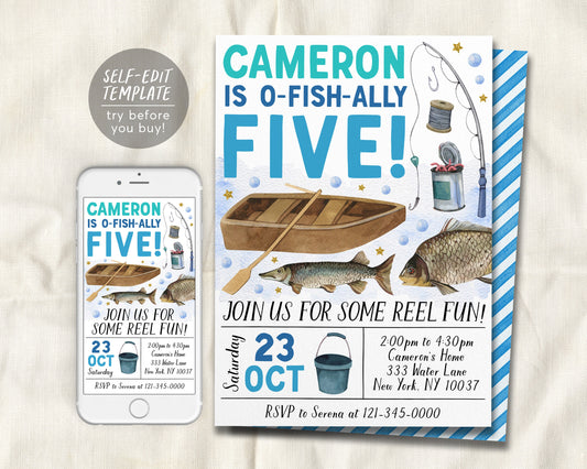 Fishing 5th Birthday Invitation Editable Template