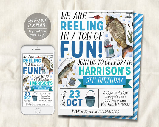 Fishing Birthday Invitation Editable Template