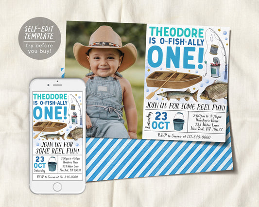 Fishing 1st Birthday Invitation With Photo Editable Template