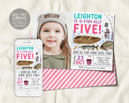 Fishing 5th Birthday Invitation With Photo Editable Template