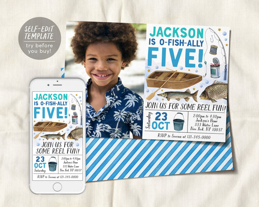 Fishing 5th Birthday Invitation With Photo Editable Template