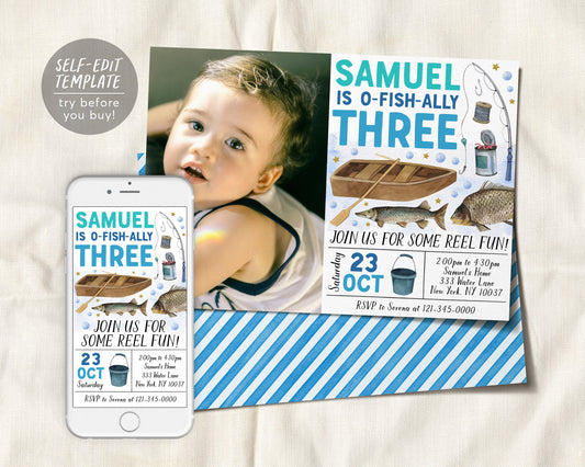 Fishing 3rd Birthday Invitation With Photo Editable Template