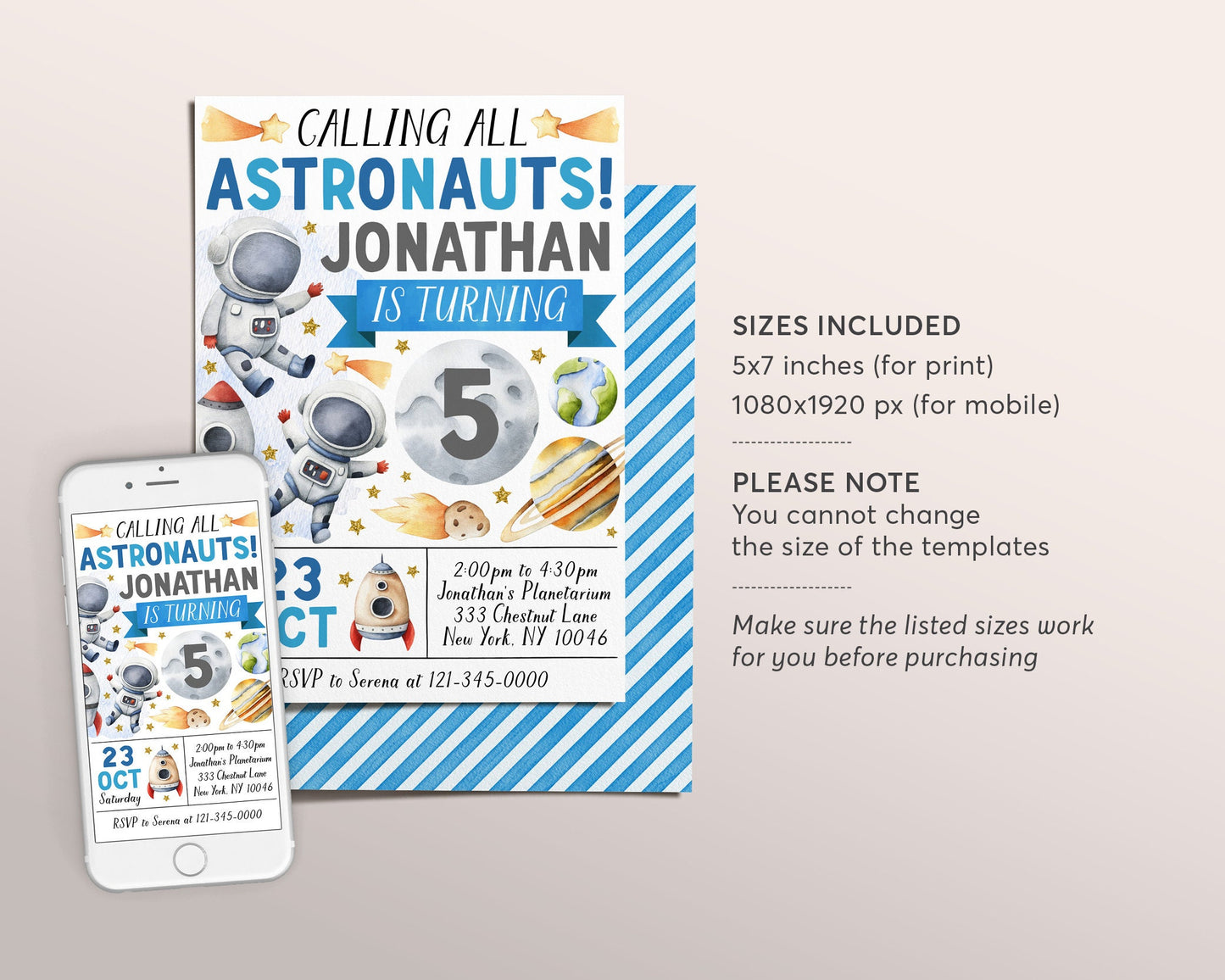 Astronaut Birthday Invitation Editable Template, Boy Outer Space Themed Party Invite, Rocket Ship Moon Planets Galaxy 3 2 1 Blast Off Evite