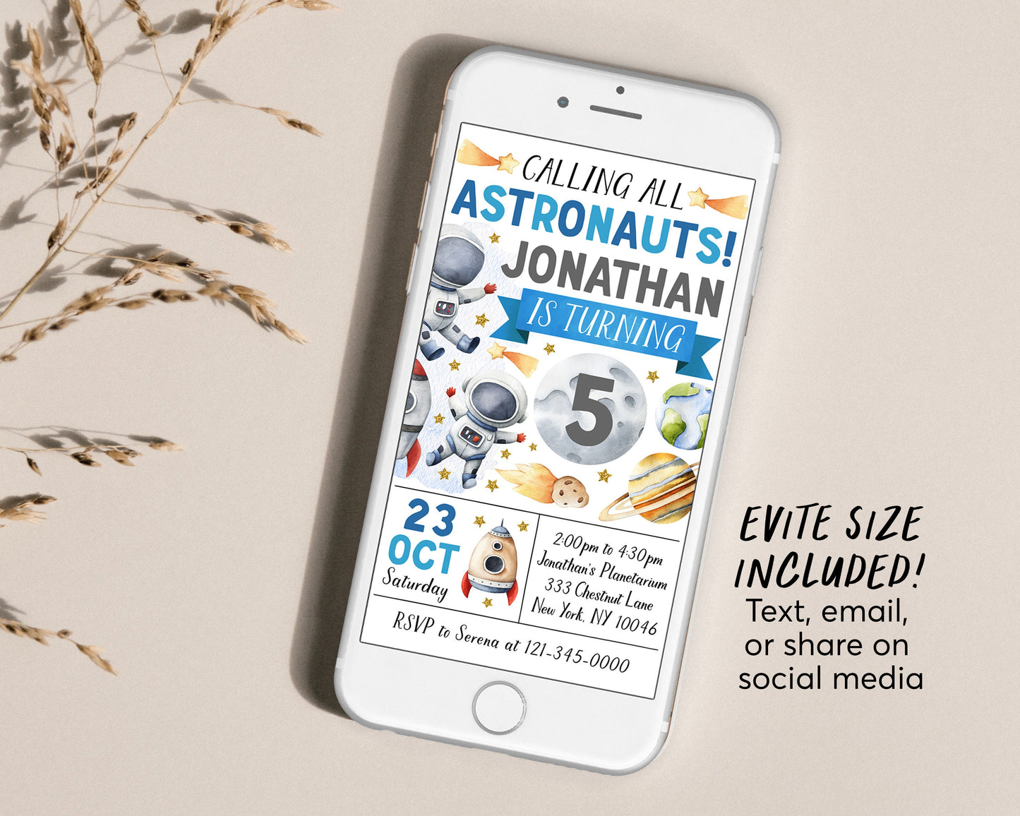 Astronaut Birthday Invitation Editable Template, Boy Outer Space Themed Party Invite, Rocket Ship Moon Planets Galaxy 3 2 1 Blast Off Evite