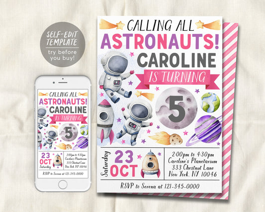 Astronaut Birthday Invitation Editable Template