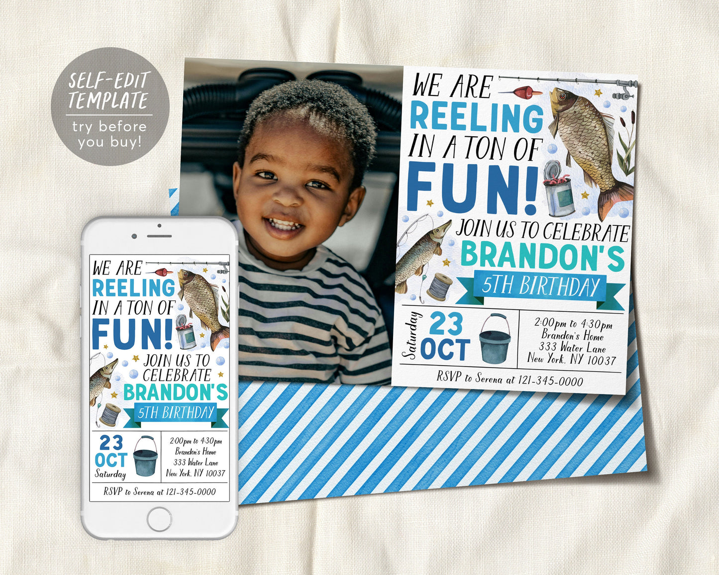 Fishing Birthday Invitation With Photo Editable Template