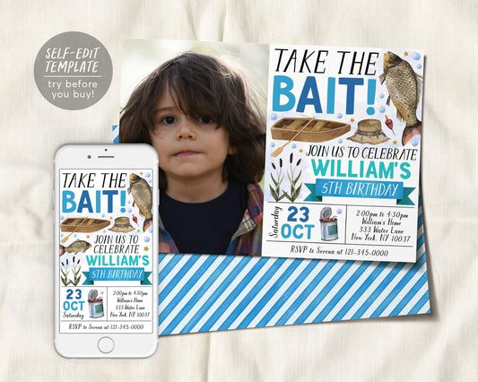 Fishing Birthday Invitation With Photo Editable Template