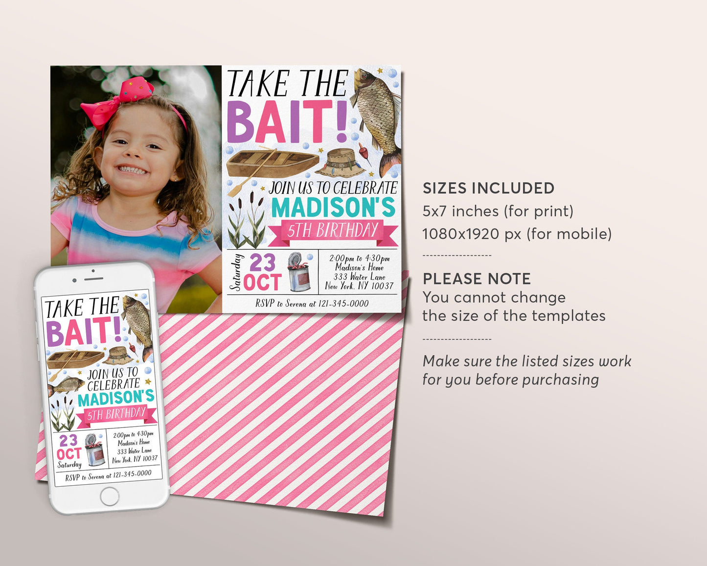 Fishing Birthday Invitation With Photo Editable Template, Girl Take The Bait Birthday Party Invite, ANY AGE Fish Party Fishing Reel Evite