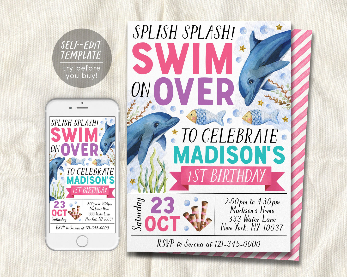 Dolphin Birthday Invitation Editable Template