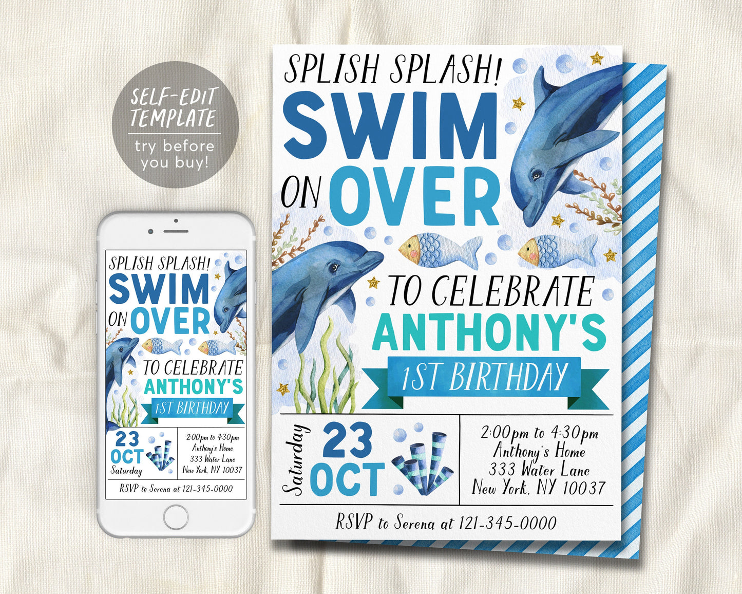 Dolphin Birthday Invitation Editable Template