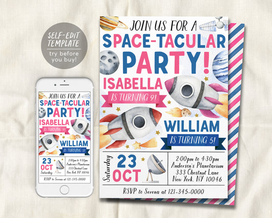 Outer Space Joint Siblings Double Birthday Invitation Editable Template, Girl Boy Twins Spacetacular Solar System Rocket Ship Party Invite