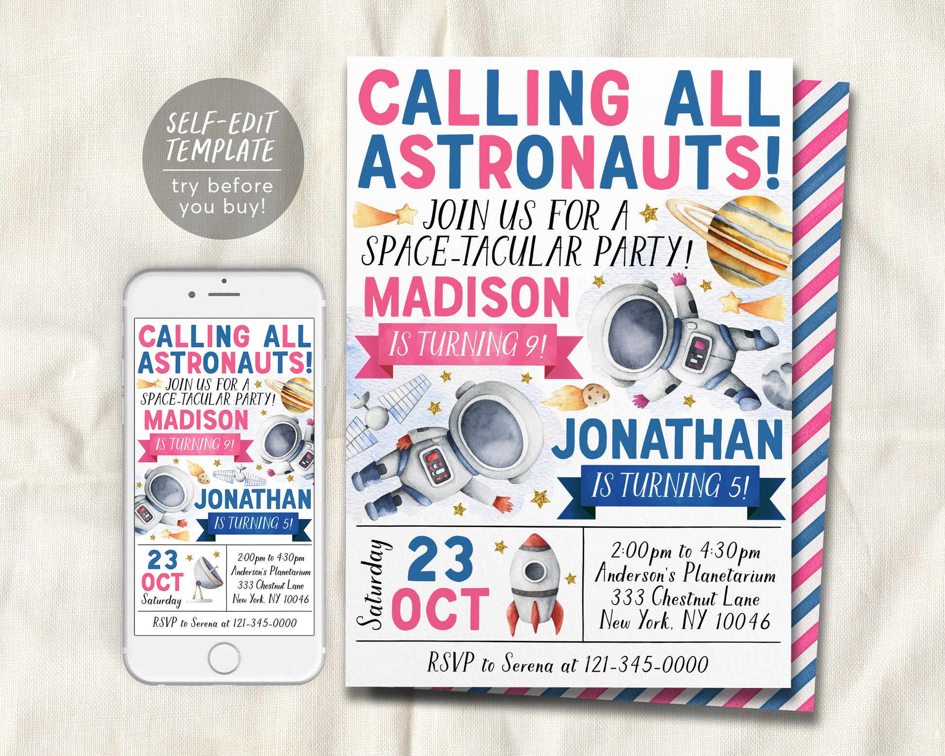 Astronaut Joint Siblings Double Birthday Invitation Editable Template