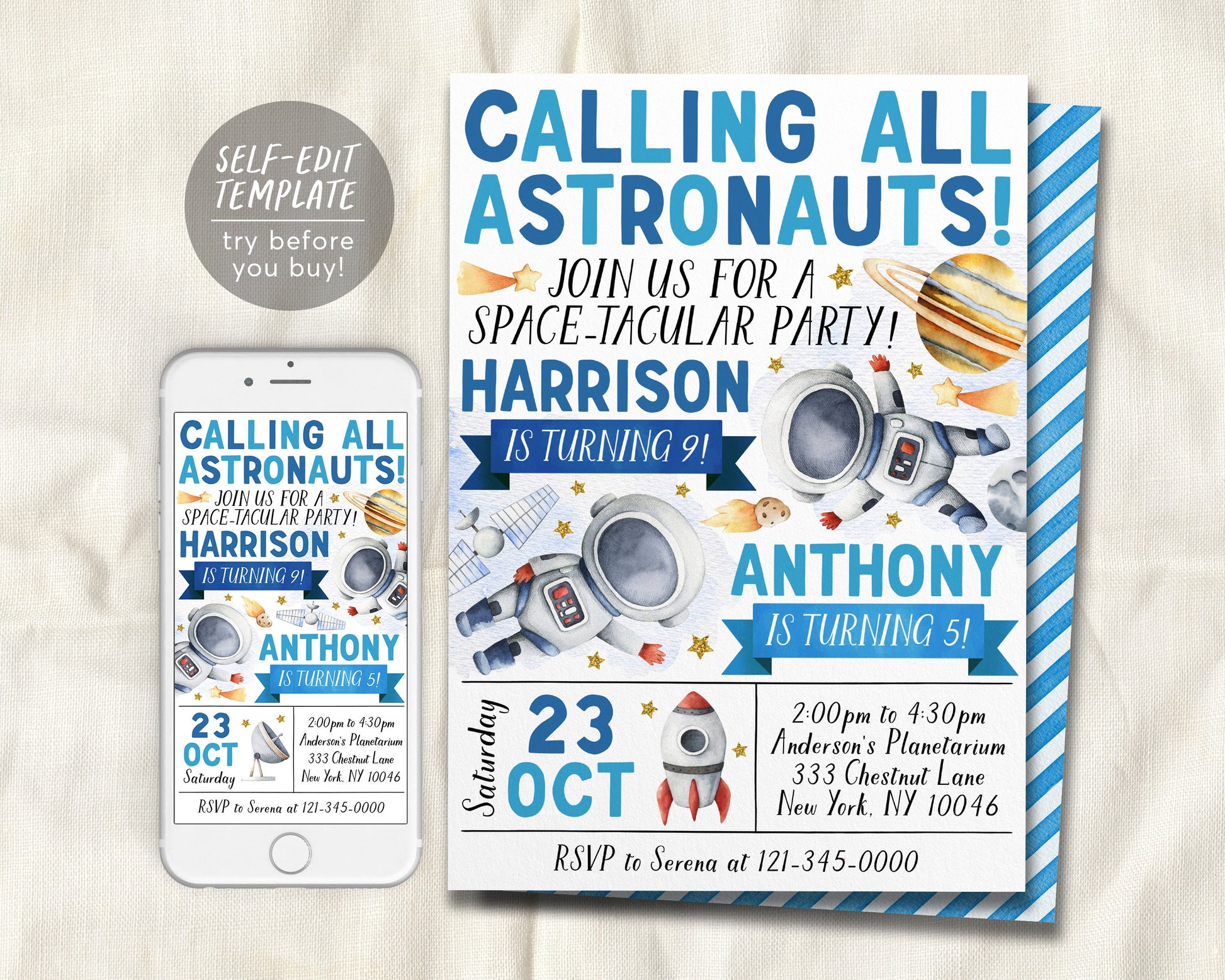 Astronaut Joint Siblings Double Birthday Invitation Editable Template