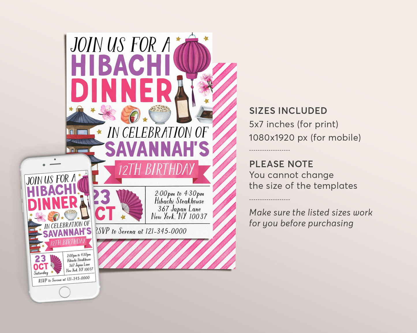 Hibachi Birthday Invitation Editable Template, Hibachi Japanese Restaurant Party Invite, Girl Japan BBQ Dinner Evite For Kids And Adults