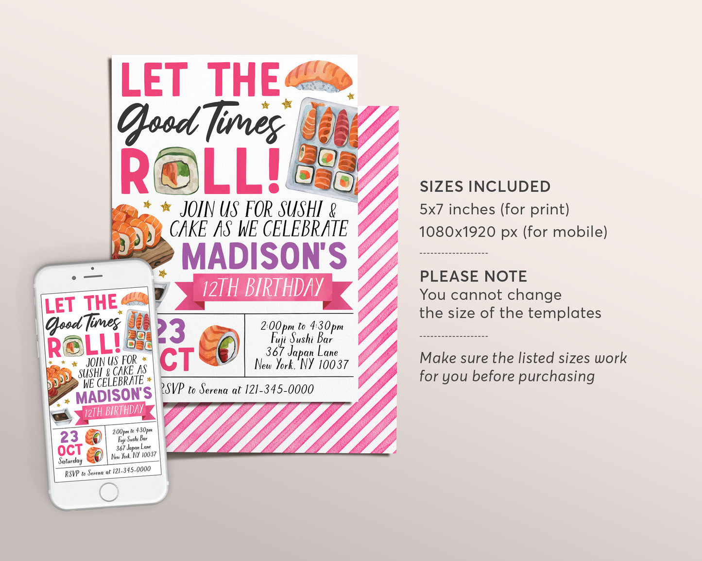 Sushi Party Invitation Editable Template, Japanese Restaurant Birthday Dinner Party Invite, Let The Good Times Roll Evite Kids And Adults