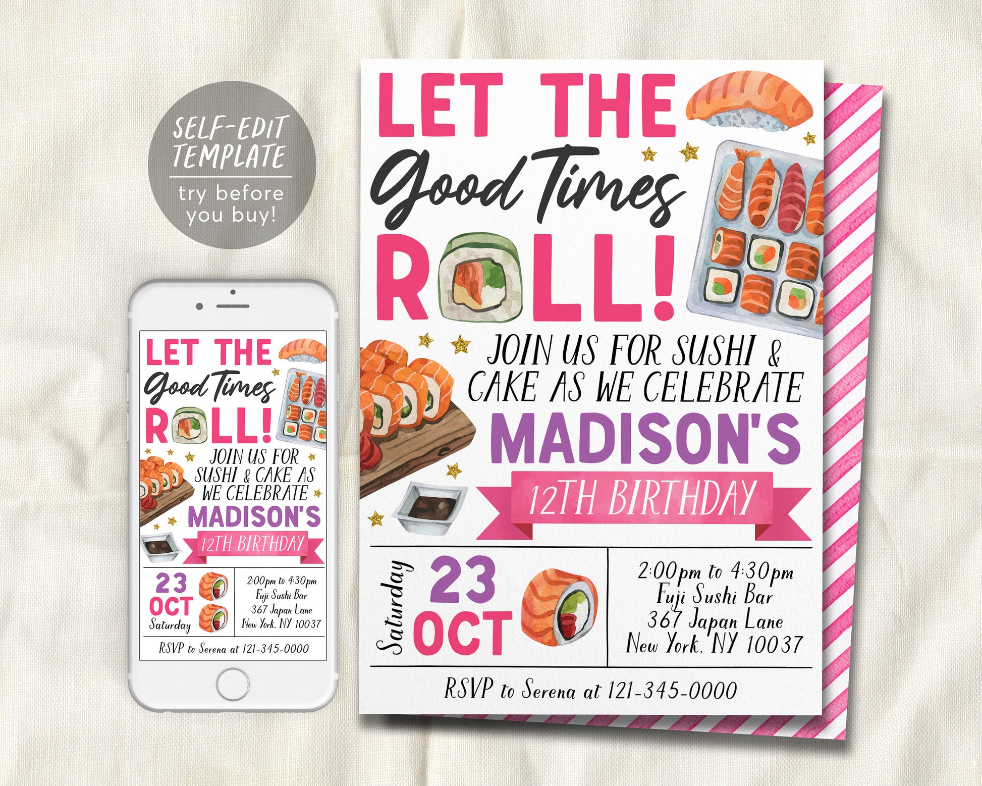 Sushi Party Invitation Editable Template