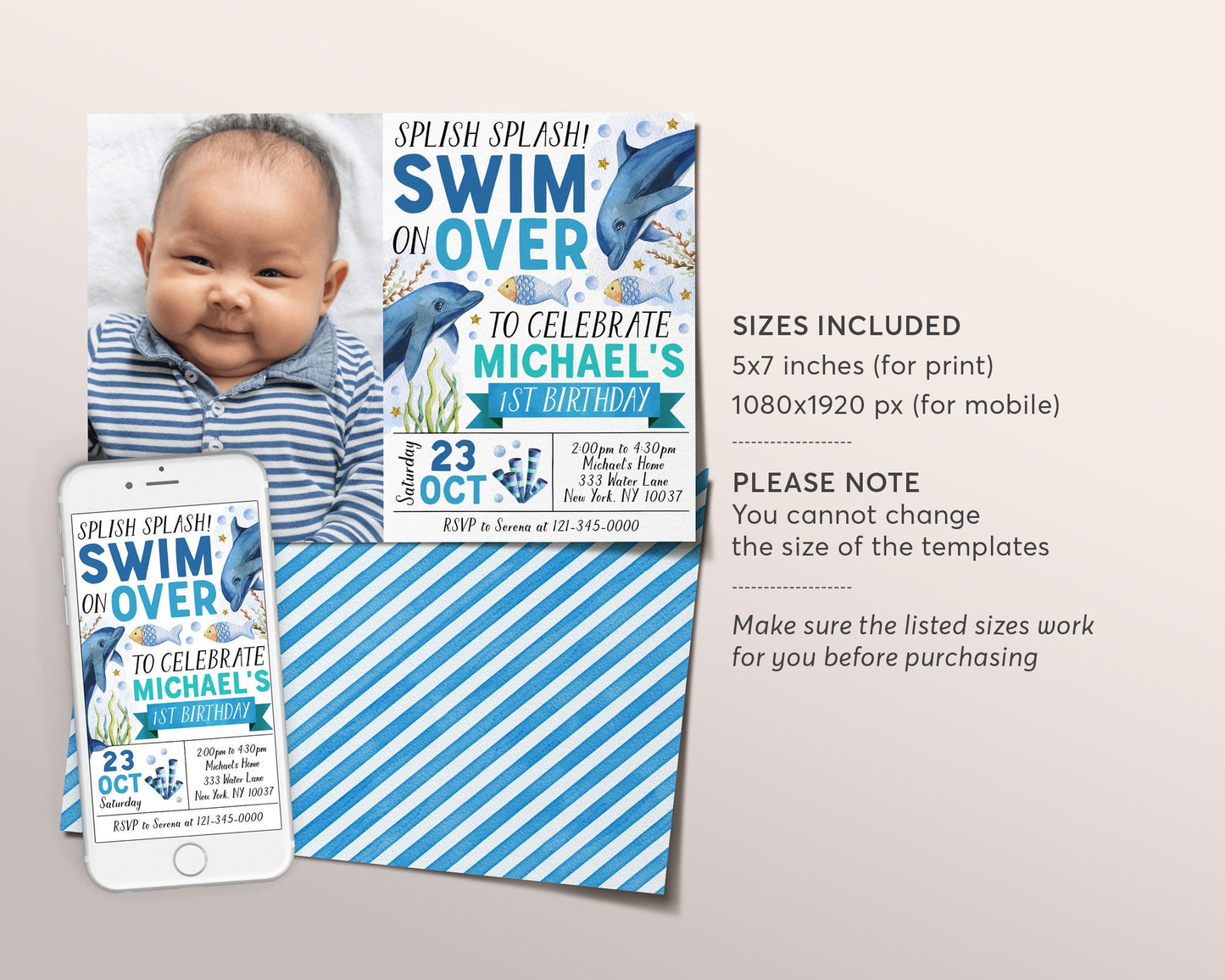 Dolphin Birthday Invitation With Photo Editable Template, Dolphin Under The Sea Invite, Boy Swim On Over Theme Celebration Pool Party Evite