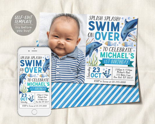 Dolphin Birthday Invitation With Photo Editable Template