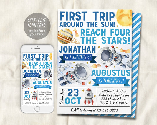 Outer Space Birthday Joint Siblings Dual Invitation Editable Template