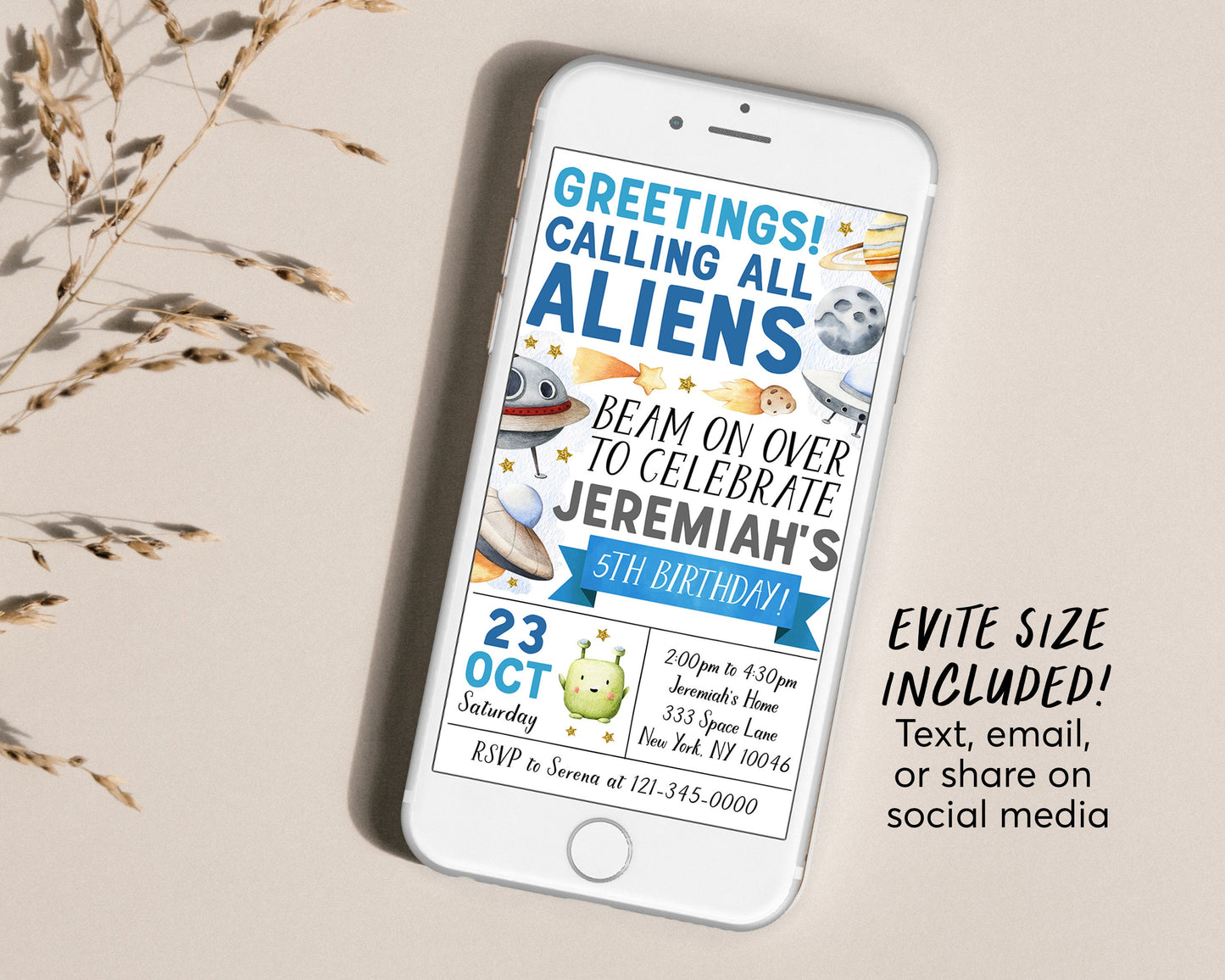 UFO Alien Birthday Invitation Editable Template, Beam On Over Outer Space Party Invite, Out Of This World Flying Saucer Aliens Planets Evite