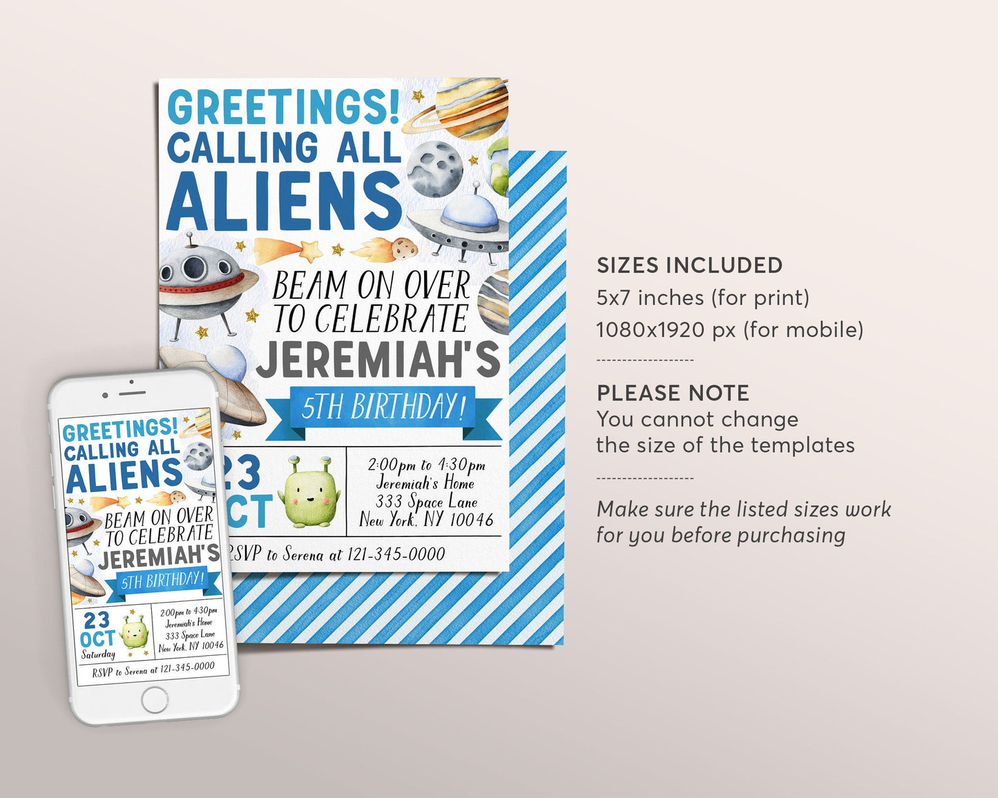 UFO Alien Birthday Invitation Editable Template, Beam On Over Outer Space Party Invite, Out Of This World Flying Saucer Aliens Planets Evite