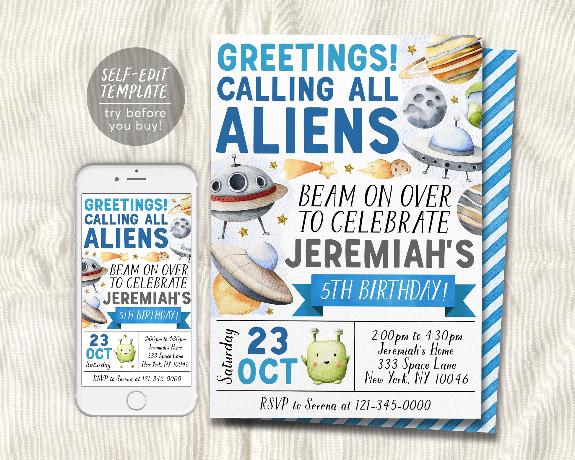 UFO Alien Birthday Invitation Editable Template