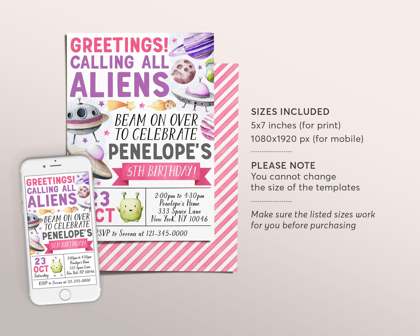 UFO Alien Birthday Invitation Editable Template, Girl Beam On Over Outer Space Party Invite, Out Of This World Flying Saucer Aliens Evite