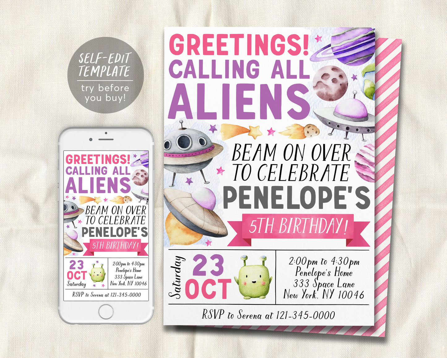 UFO Alien Birthday Invitation Editable Template