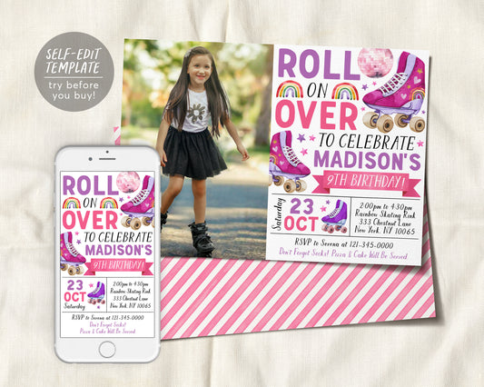 Roller Skating Birthday Invitation With Photo Editable Template