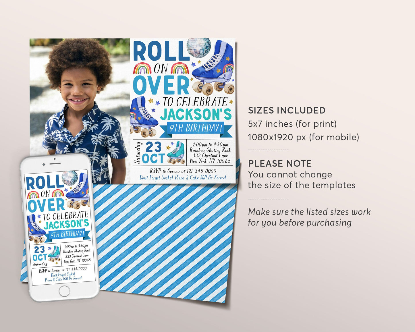 Roller Skating Birthday Invitation With Photo Editable Template, Boy Roller Skate Party Invite, Kids Roll On Over Rollerskating Rink Evite