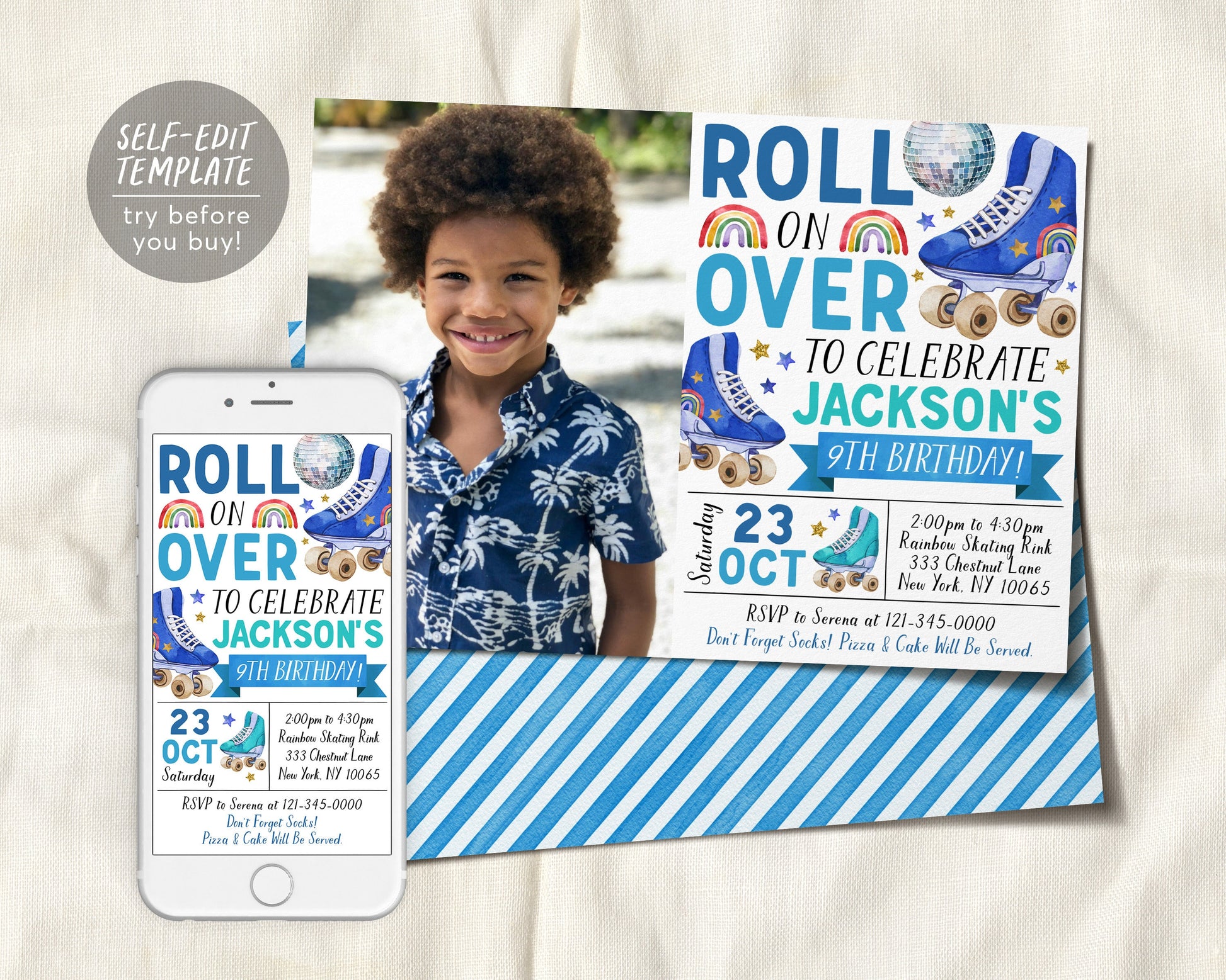 Roller Skating Birthday Invitation With Photo Editable Template