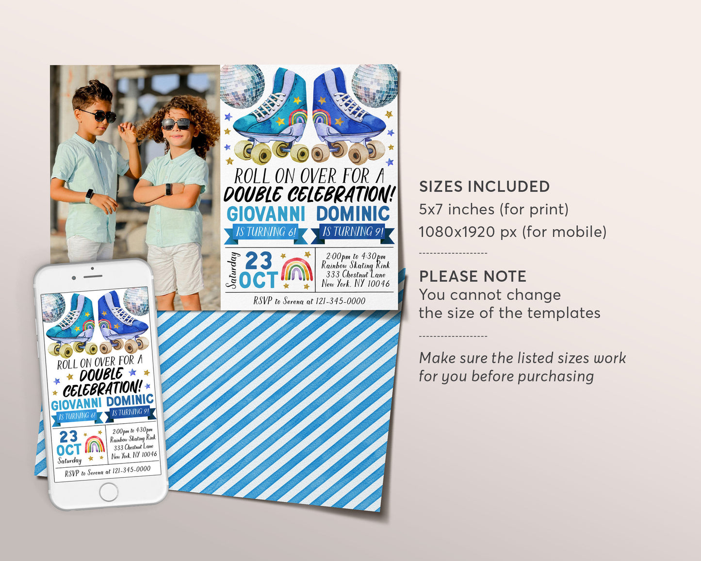 Roller Skating Joint Siblings Double Birthday Invitation With Photo Editable Template, Boys Twins Roller Skate  Rink Party Invite Evite