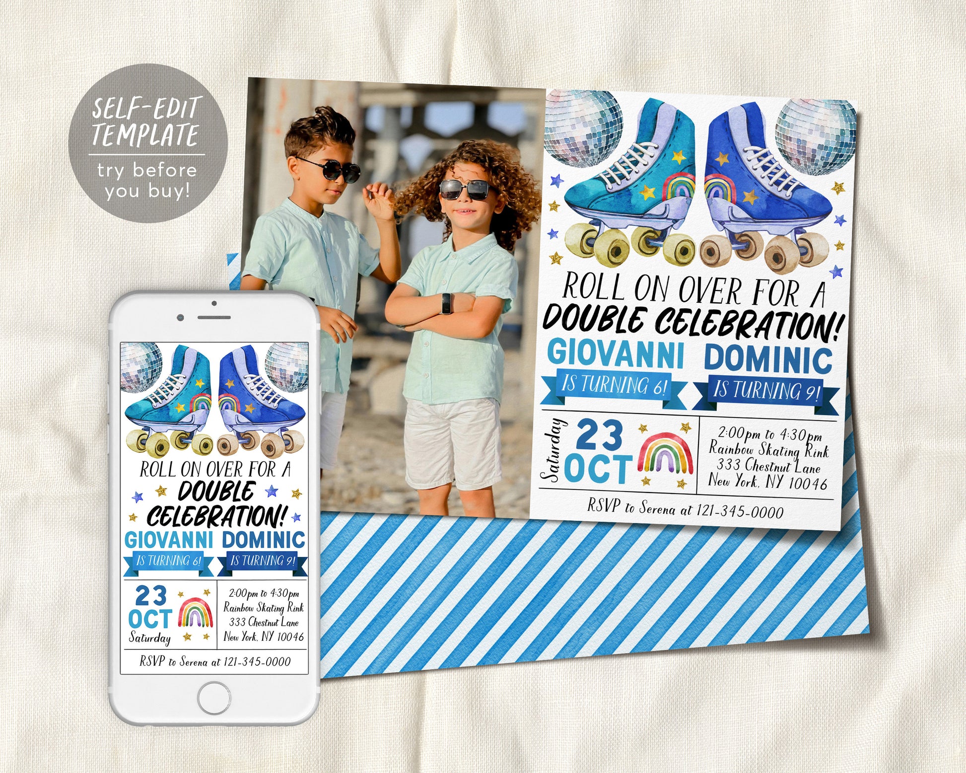 Roller Skating Joint Siblings Double Birthday Invitation Editable Template