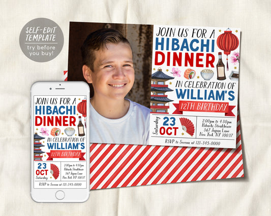 Hibachi Birthday Invitation With Photo Editable Template