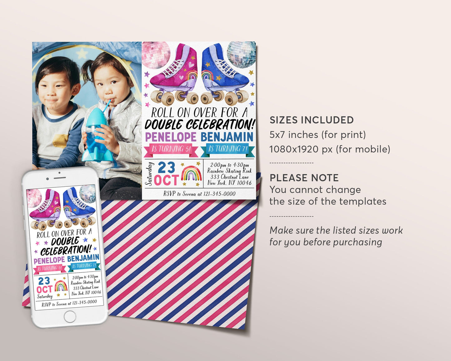 Roller Skating Joint Siblings Double Birthday Invitation With Photo Editable Template, Boy Girl Roller Skate Rink Party Invite Evite