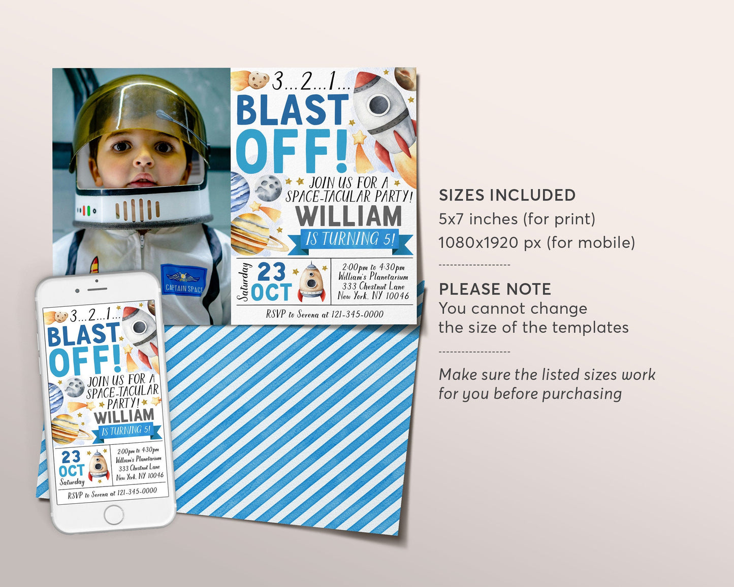 Outer Space Birthday Invitation Editable Template, Boy Solar System Rocket Ship Party Invite, 3 2 1 Blast Off Planets Galaxy Moon Evite