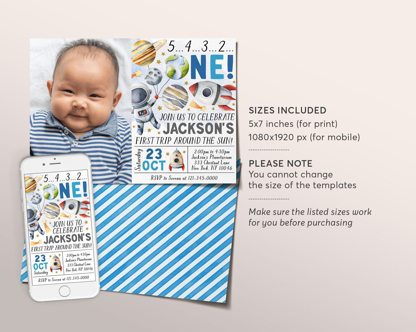 Outer Space First Birthday Invitation With Photo Editable Template, Boy First Trip Around the Sun Party Invite, Astronaut Rocket Ship Evite