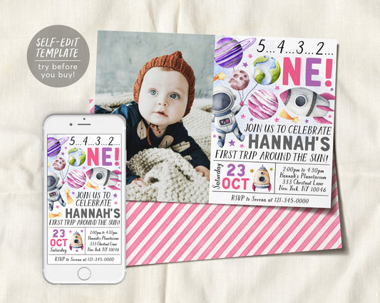 Outer Space First Birthday Invitation With Photo Editable Template