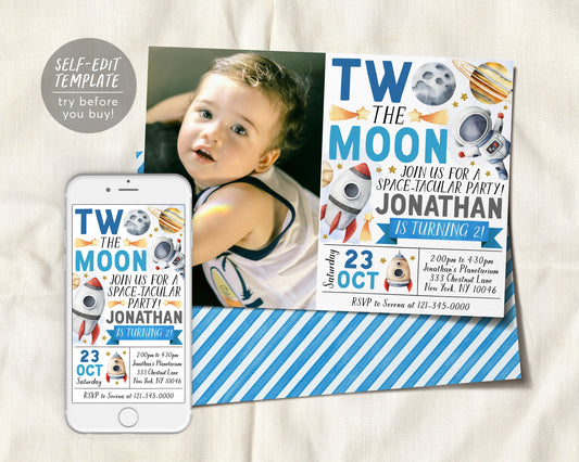 Outer Space Second Birthday Invitation With Photo Editable Template