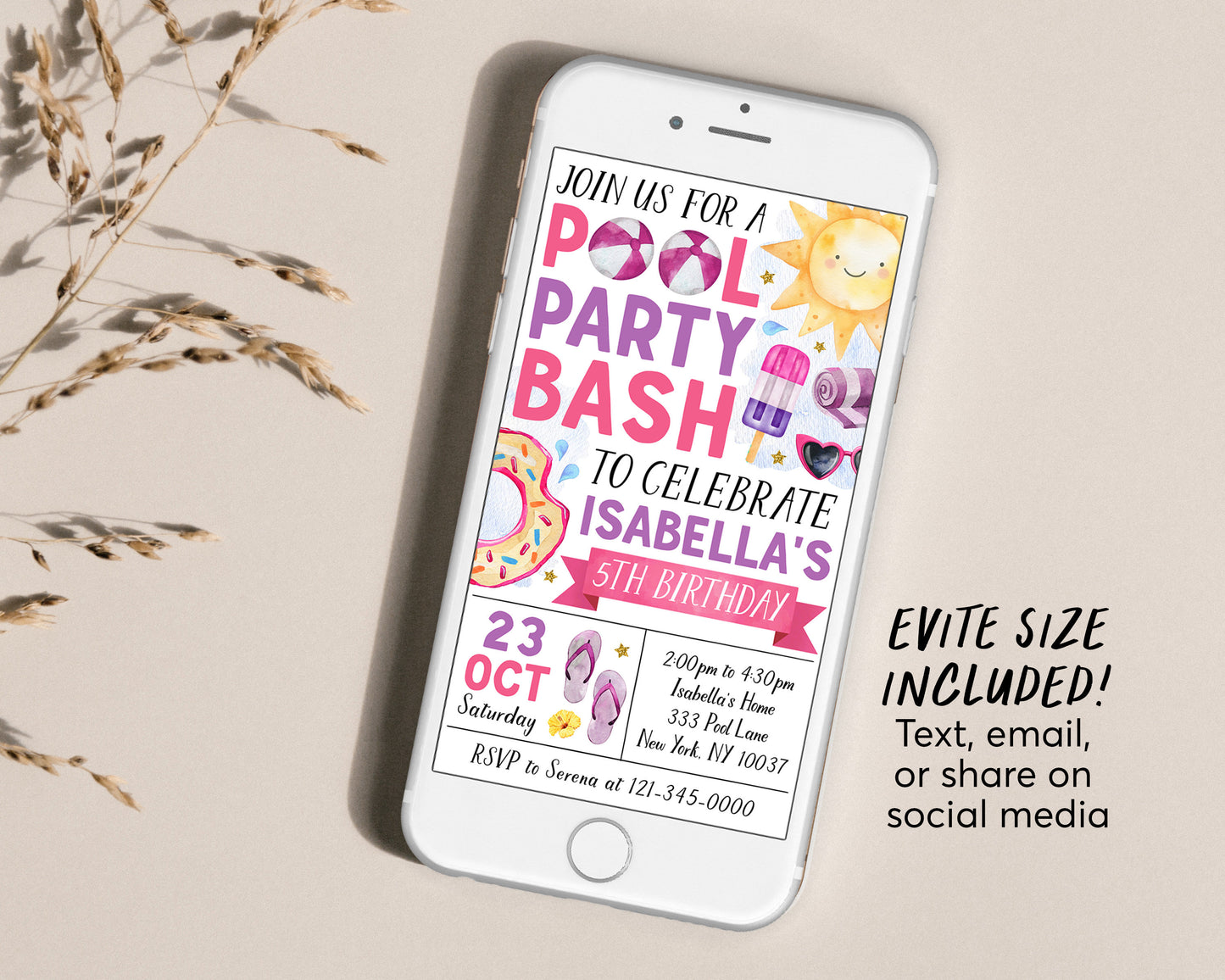 Pool Party Birthday Invitation Editable Template, Summer Tropical Swimming Pool Party Invite, Girl Splish Splash Pad End Of School Evite