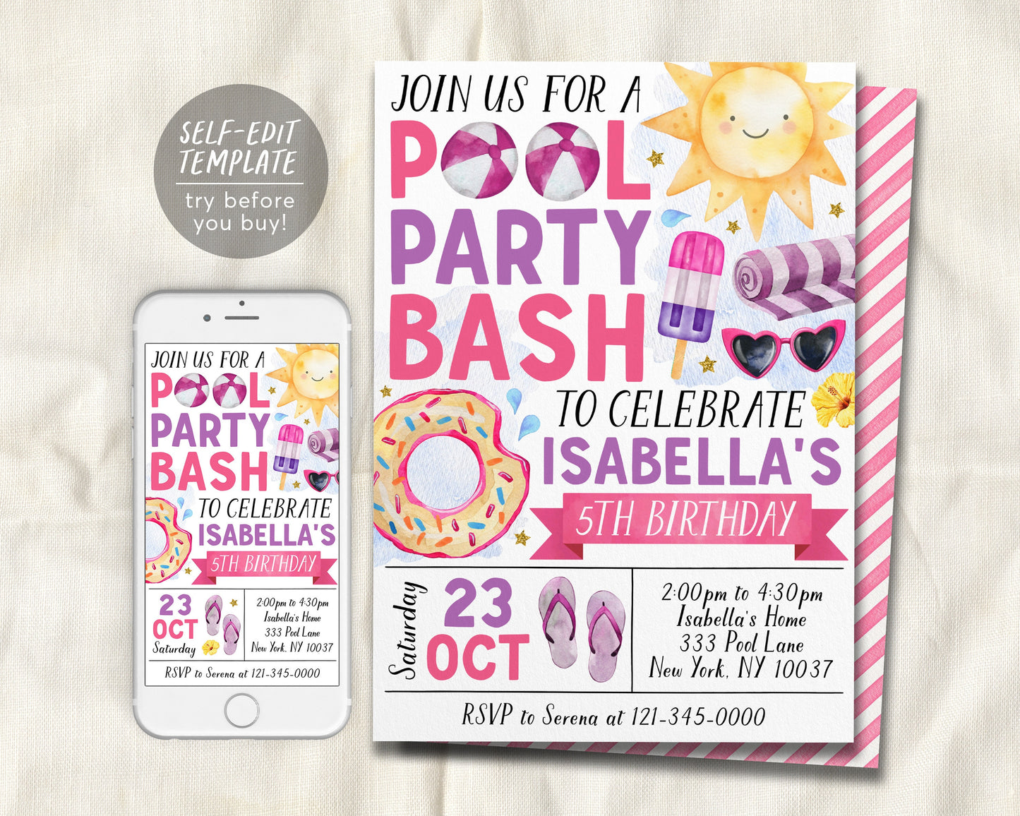 Pool Party Birthday Invitation Editable Template