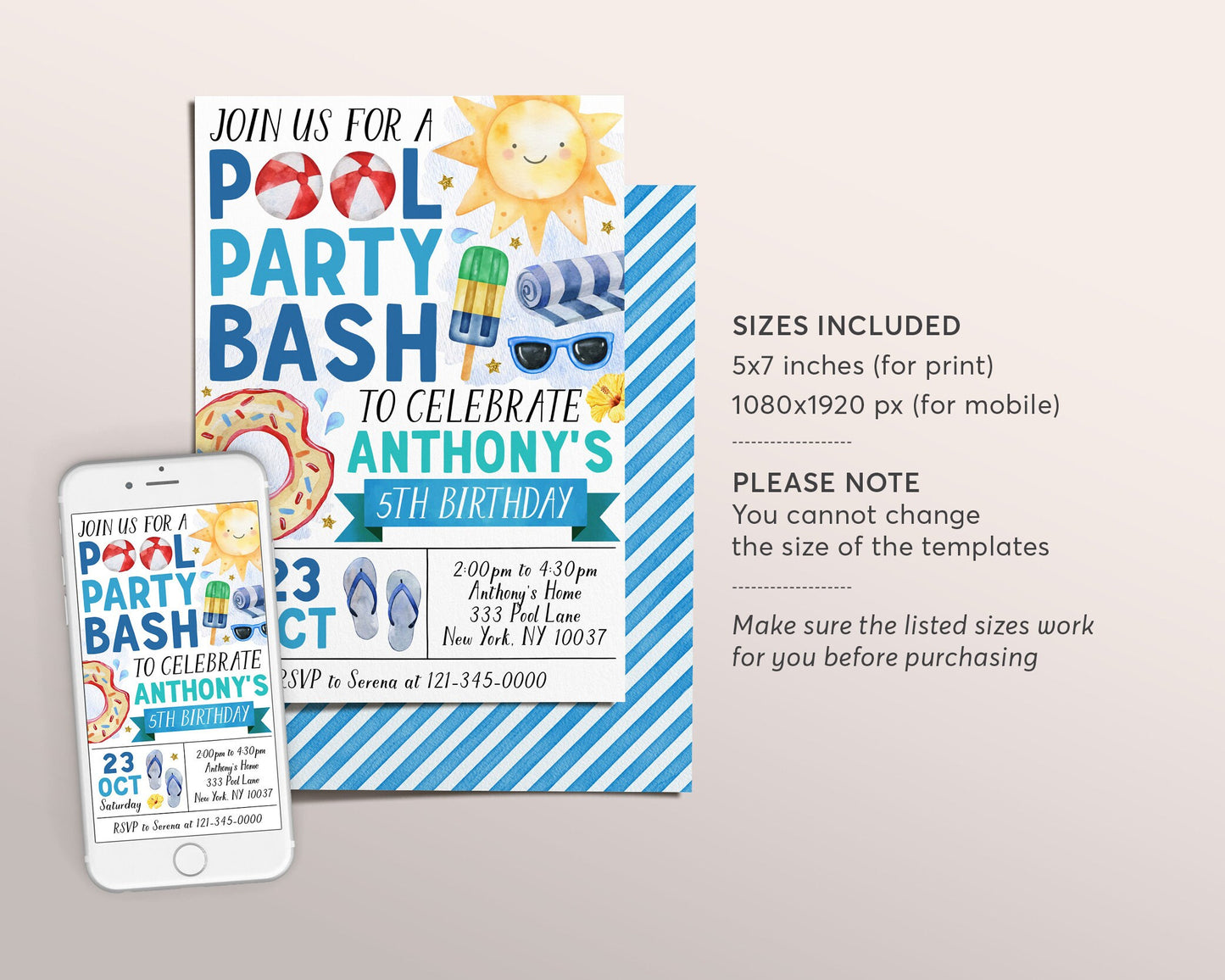 Pool Party Birthday Invitation Editable Template, Summer Tropical Swimming Pool Party Invite, Boy Splish Splash Pad End Of School Evite