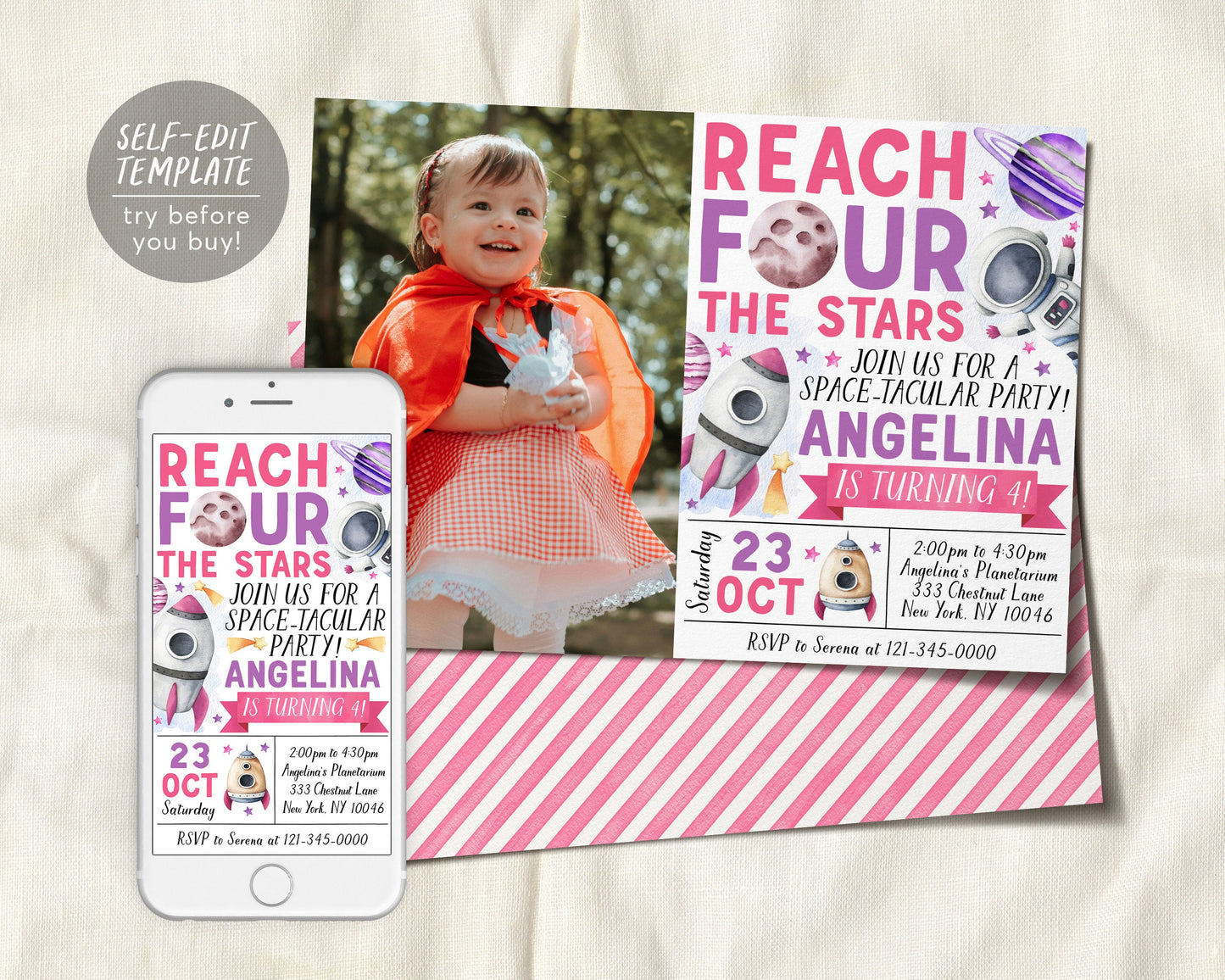 Outer Space 4th Birthday Invitation With Photo Editable Template