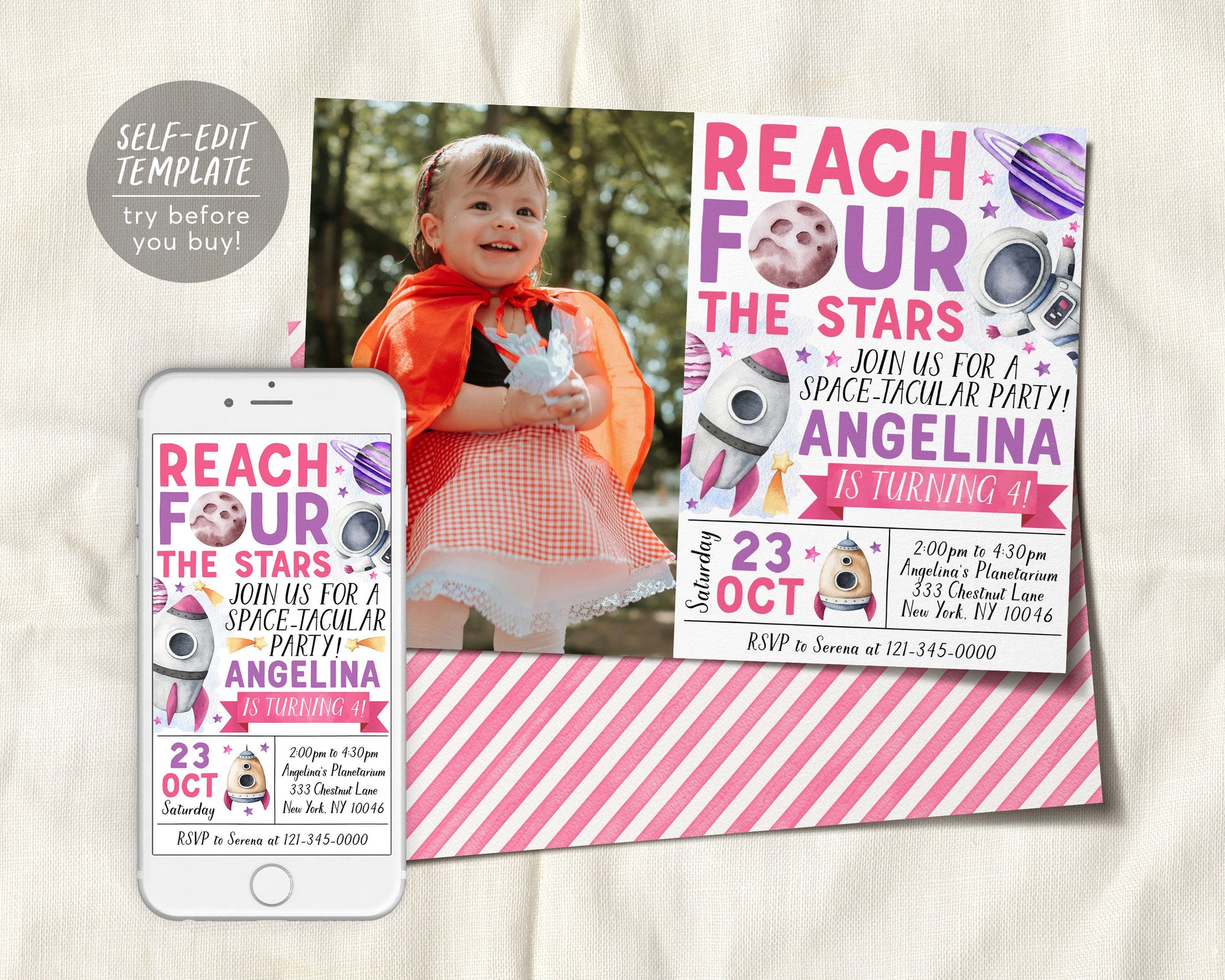 Outer Space 4th Birthday Invitation With Photo Editable Template