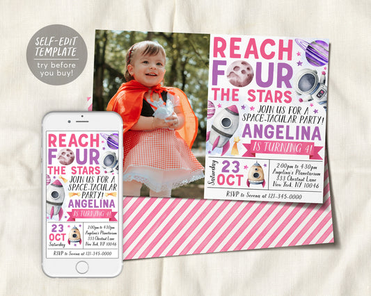 Outer Space 4th Birthday Invitation With Photo Editable Template