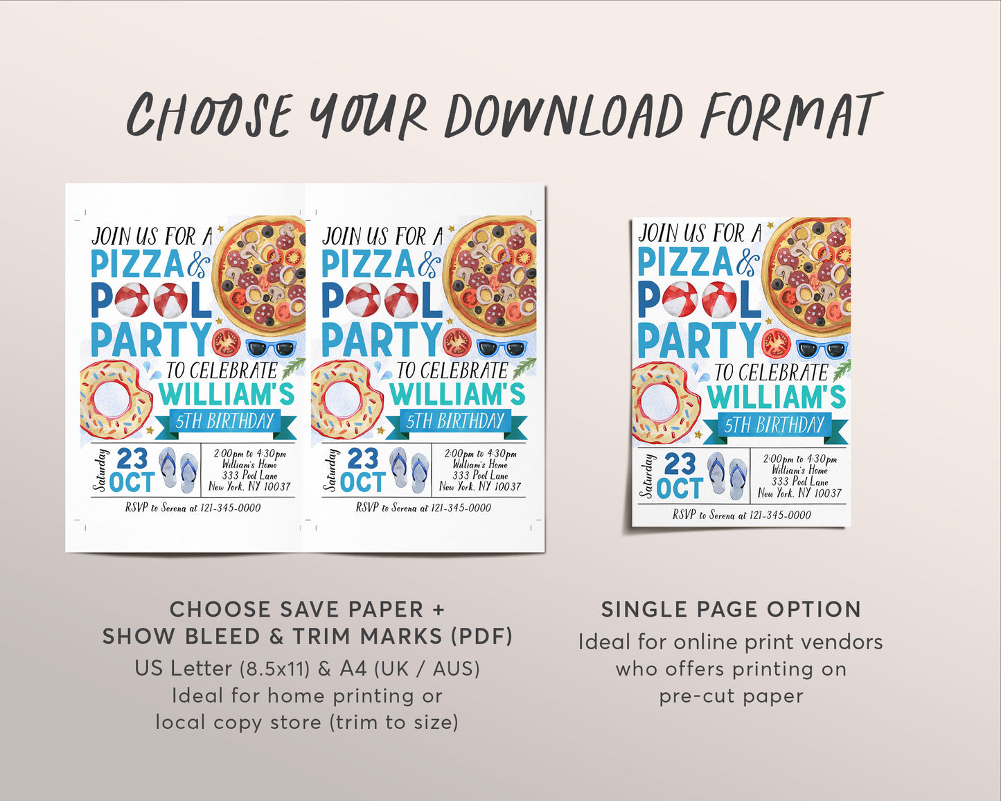 Pizza Pool Party Birthday Invitation Editable Template, Summer Swimming Pool Pizza Party Bash Invite, Boy Tropical End Of School Evite