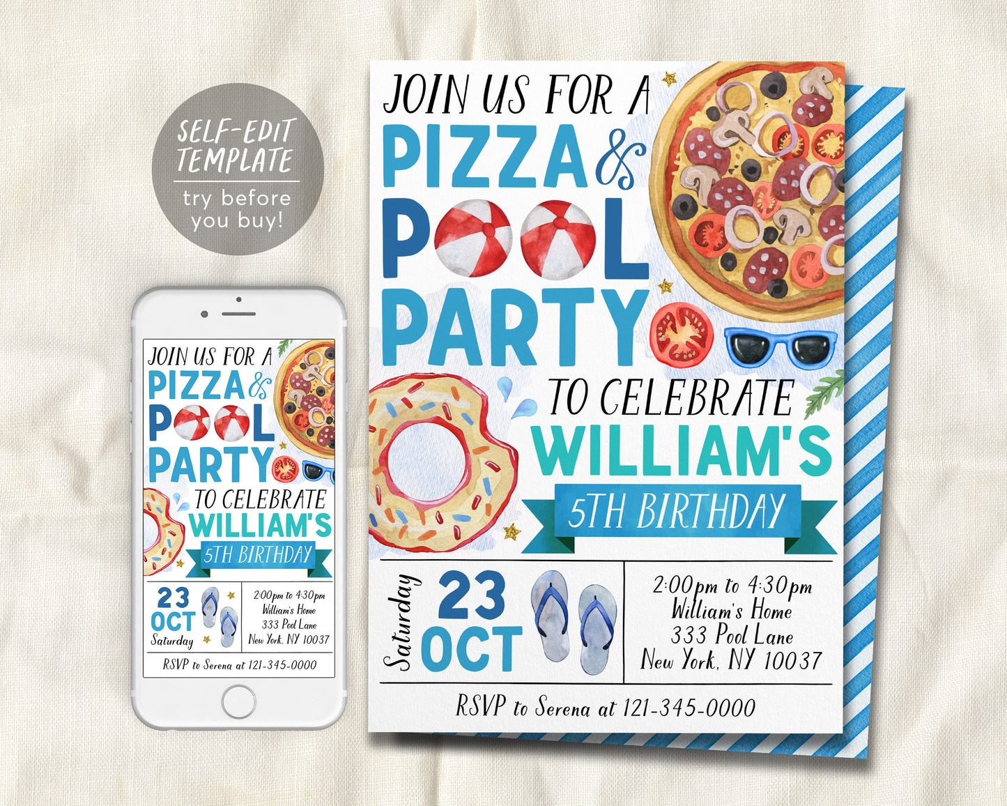 Pizza Pool Party Birthday Invitation Editable Template