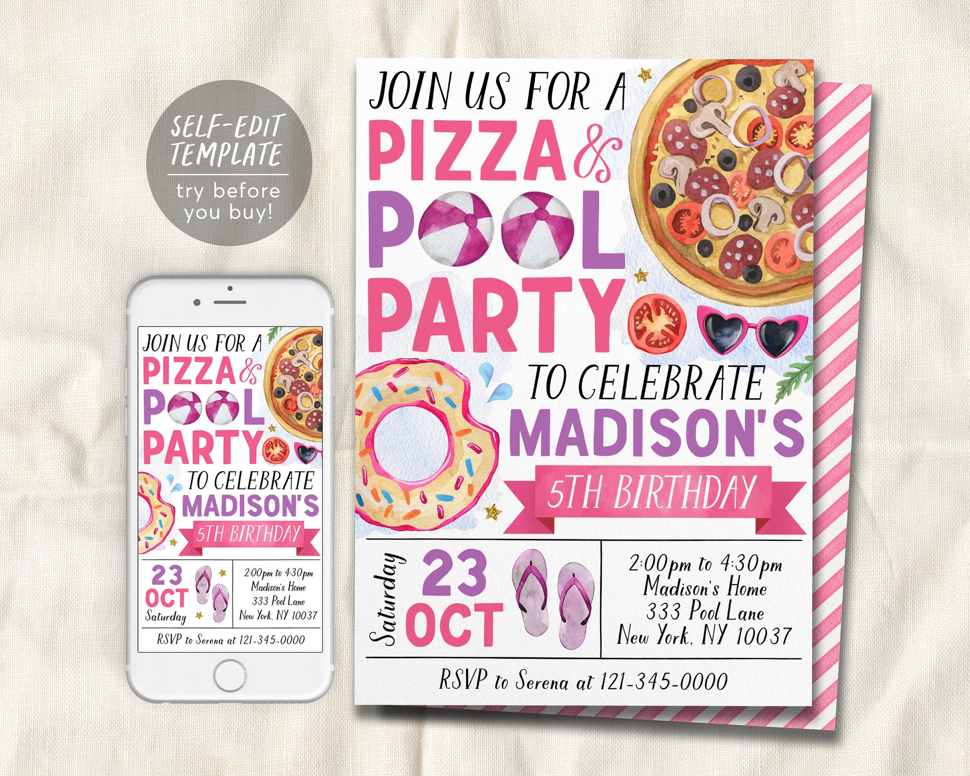 Pizza Pool Party Birthday Invitation Editable Template