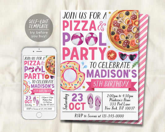 Pizza Pool Party Birthday Invitation Editable Template