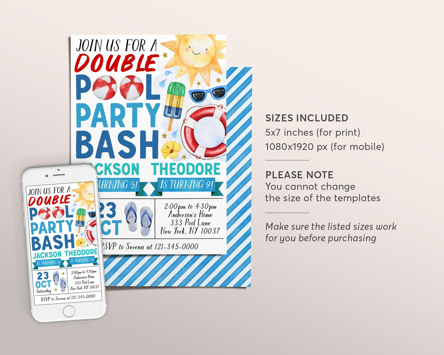 Pool Party Joint Siblings Birthday Invitation Editable Template, Summer Brothers Twins Boys Swimming Pool Party Invite, End Of School Evite